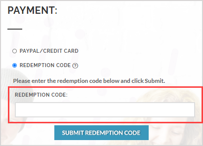 The "Redemption Code" field appears when the "redemption code" option is selected.